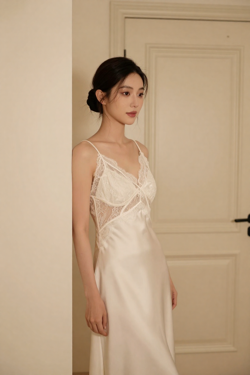 Fictional 27-year-old woman, long dark hair gathered into a low loose bun with strands framing her